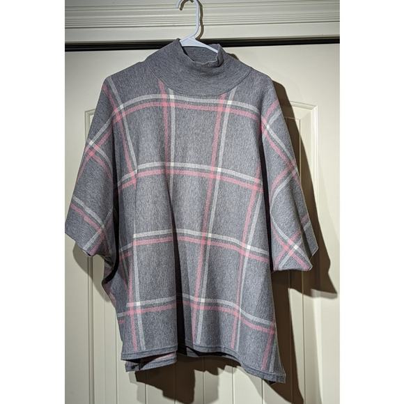 Max Studio Gray Pink Plaid Mock Turtleneck Pullover Knit Womens One Size Poncho - Picture 11 of 12